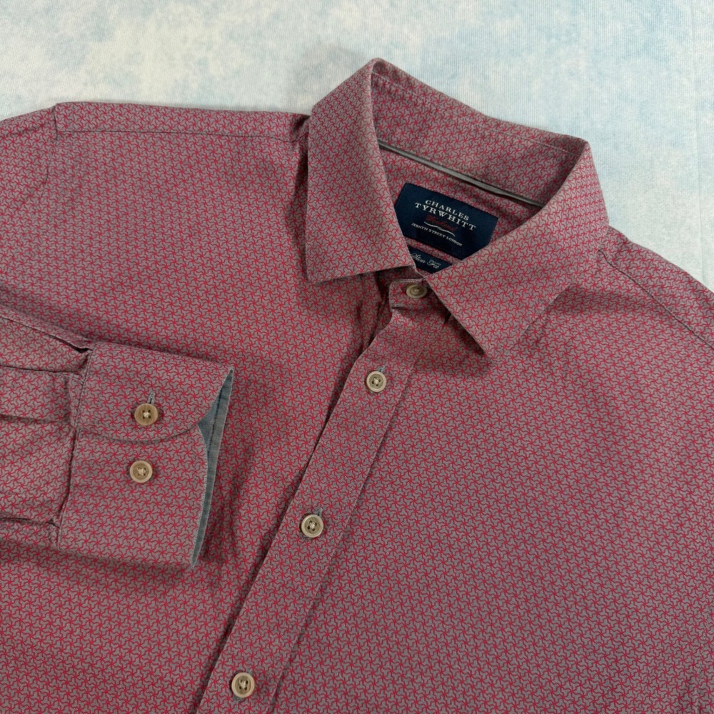 Charles Tyrwhitt Button Down Mens L Red Excellent Slim Fit Geometric Shirt